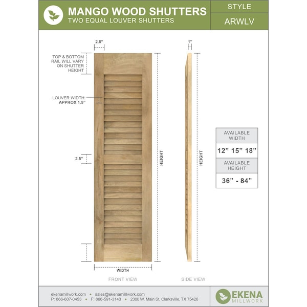 12W X 40H Americraft Two Equal Louver Exterior Real Wood Shutters, Antigua